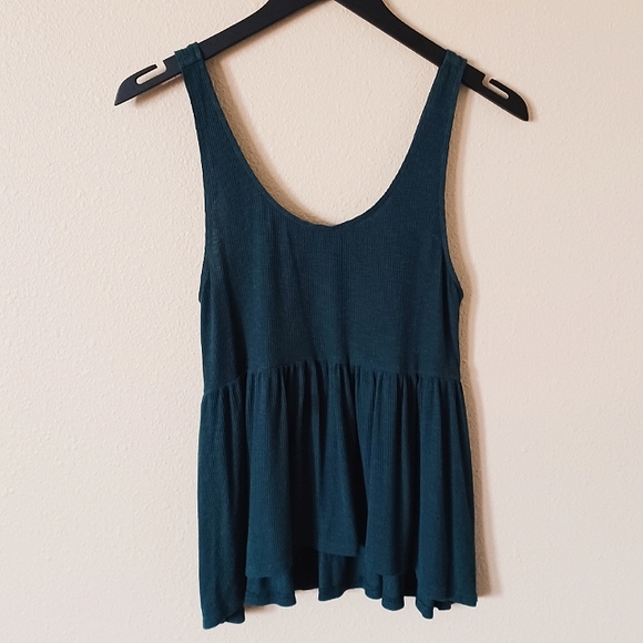 American Eagle Outfitters Tops - American Eagle Dark Forest Green Ribbed Peplum Flowy Tank Top Stretch Soft Knit